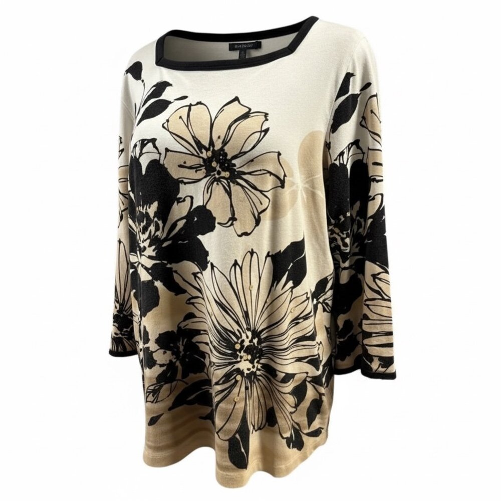 Alfred Dunner M Dark Floral Sequin Tunic Top Black Beige 3/4 Sleeve Stretch Chic